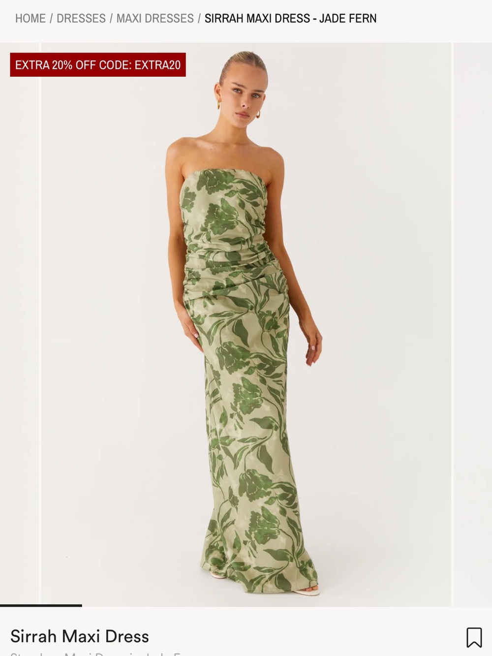 Peppermayo Olive Green Strapless Floral Ruched Midi Dress
